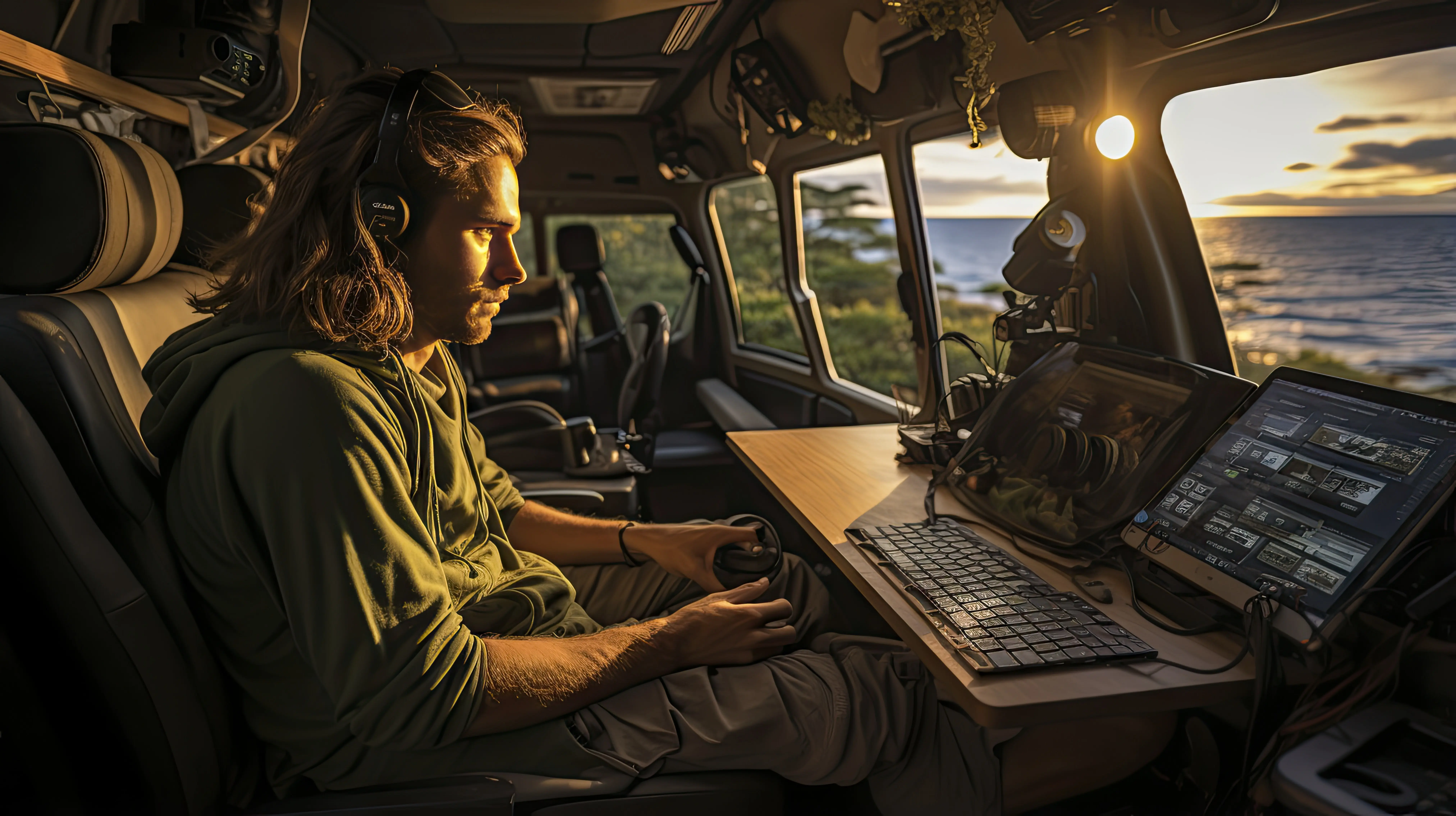 Ein Mann sitzt im Flugzeug, hat eine Tastatur dabei und trägt Kopfhörer.