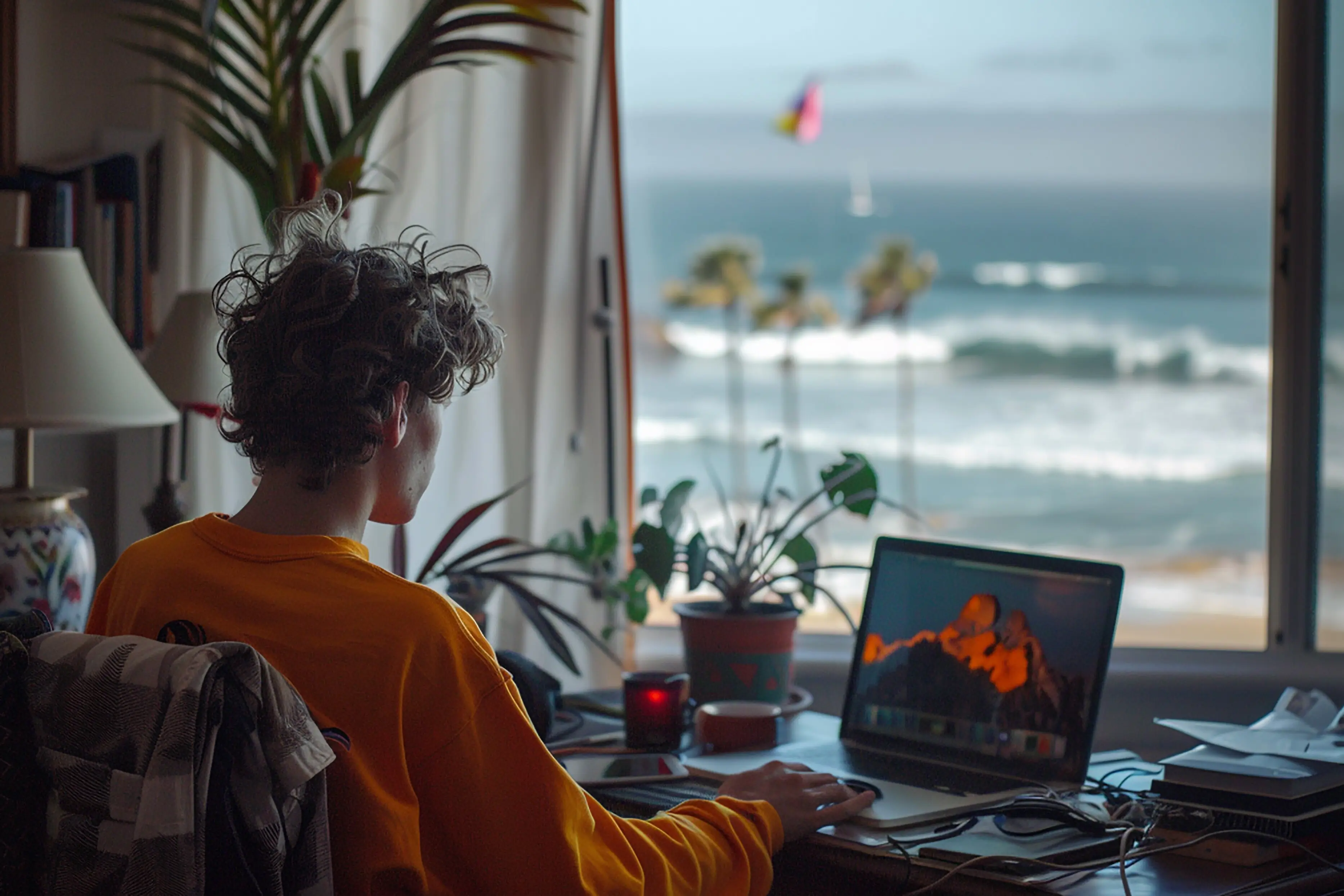 Student in einem Strandbüro mit MacBook Pro und Trading-Chart