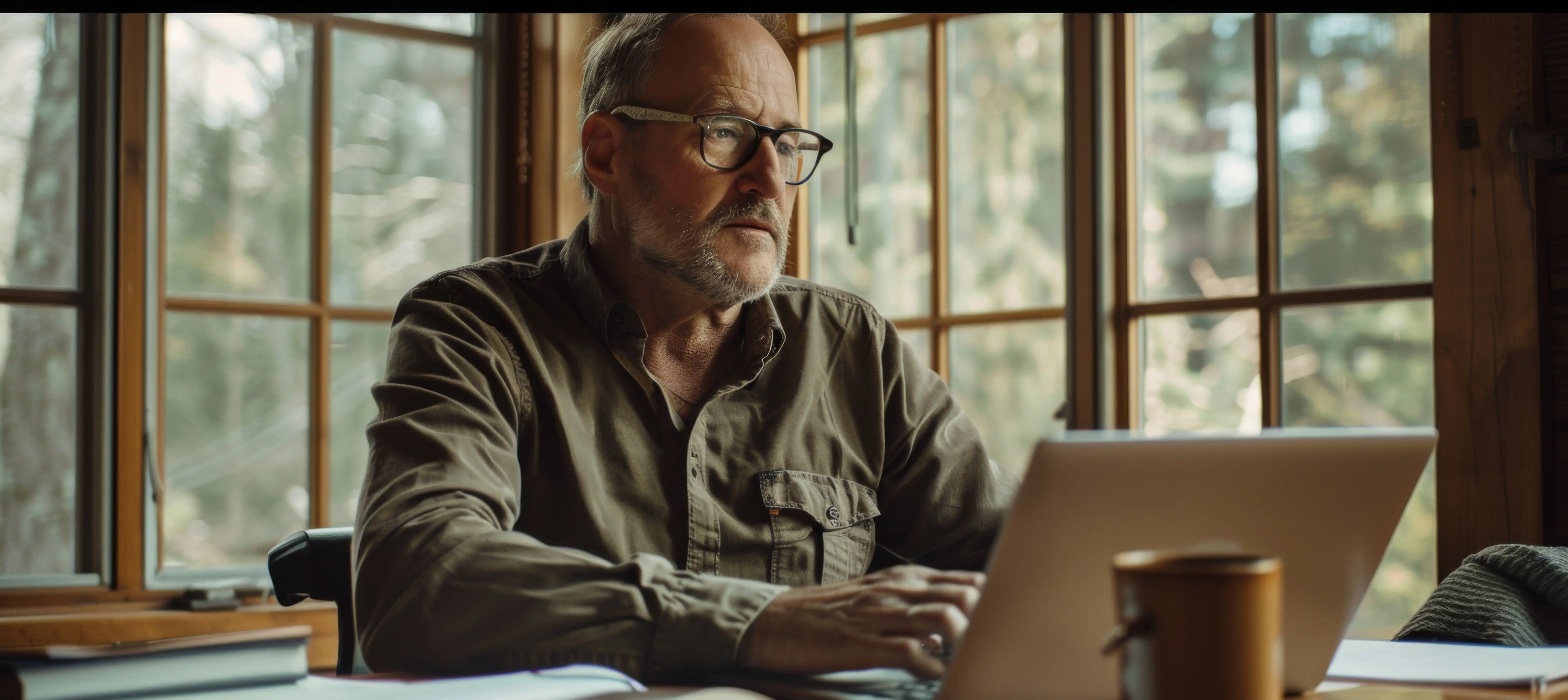 Ein alter Mann benutzt einen Laptop und lächelt.